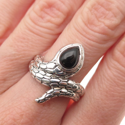 925 Sterling Silver Vintage Real Black Onyx Snake Oxidized Ring Size 8