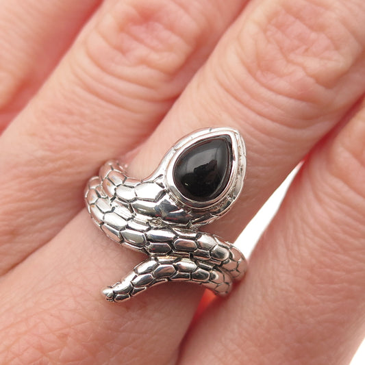 925 Sterling Silver Vintage Real Black Onyx Snake Oxidized Ring Size 8