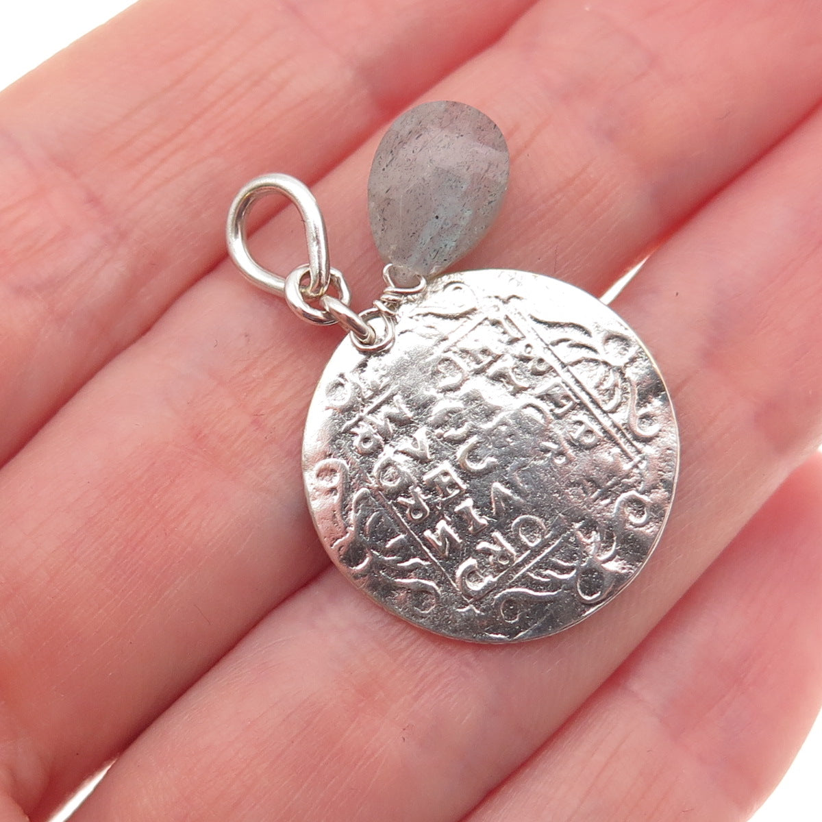 925 Sterling Silver Vintage Real Labradorite Venetian Coin Charm Pendant