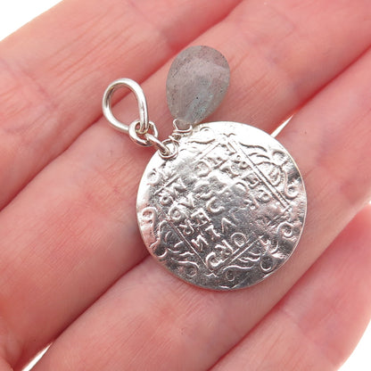 925 Sterling Silver Vintage Real Labradorite Venetian Coin Charm Pendant