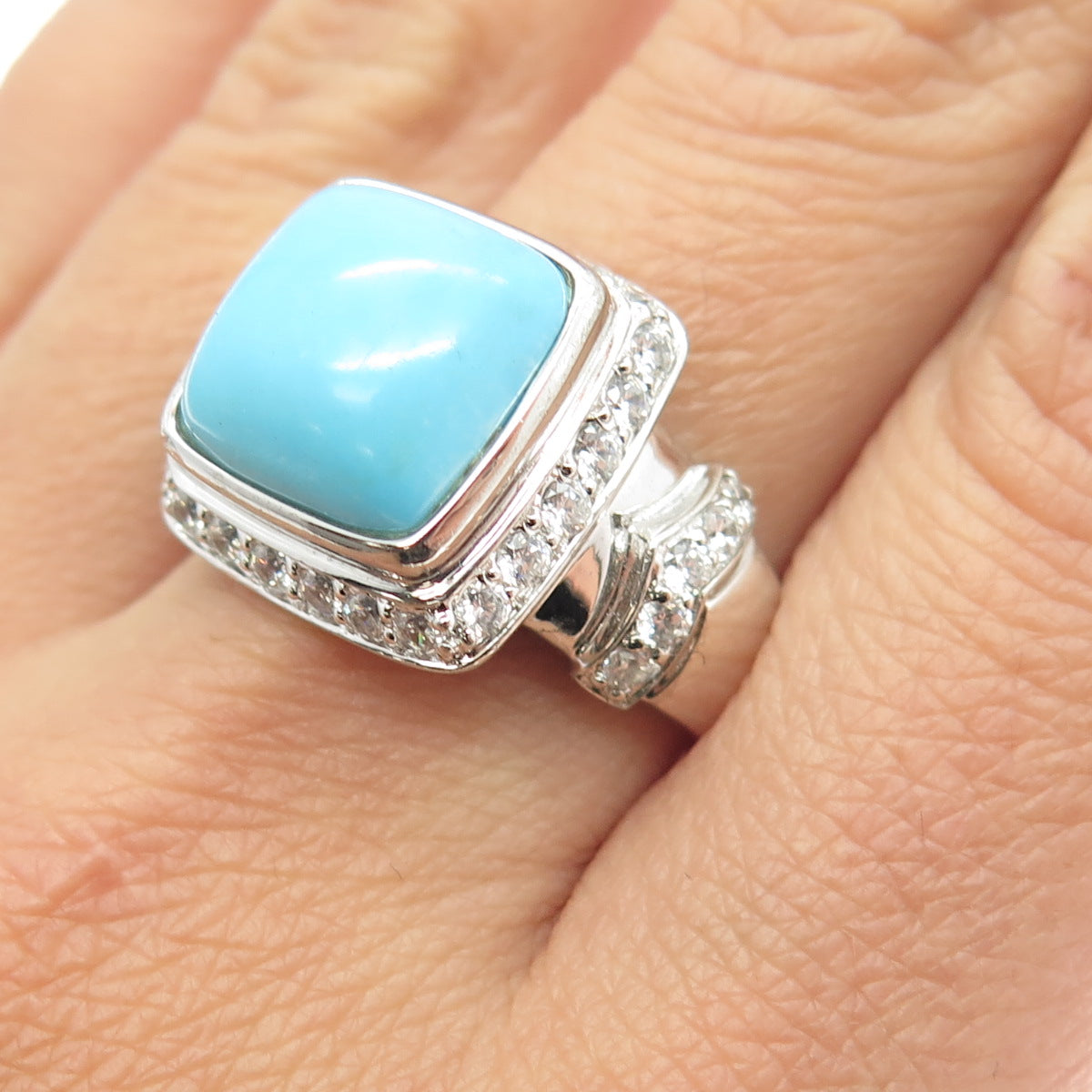 925 Sterling Silver Real Turquoise Gemstone & C Z Ring Size 10