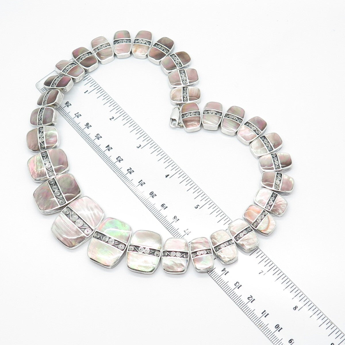 Sterling Silver Vintage ACLEONI Real Mother-of-Pearl Swirl Slide Necklace 16"