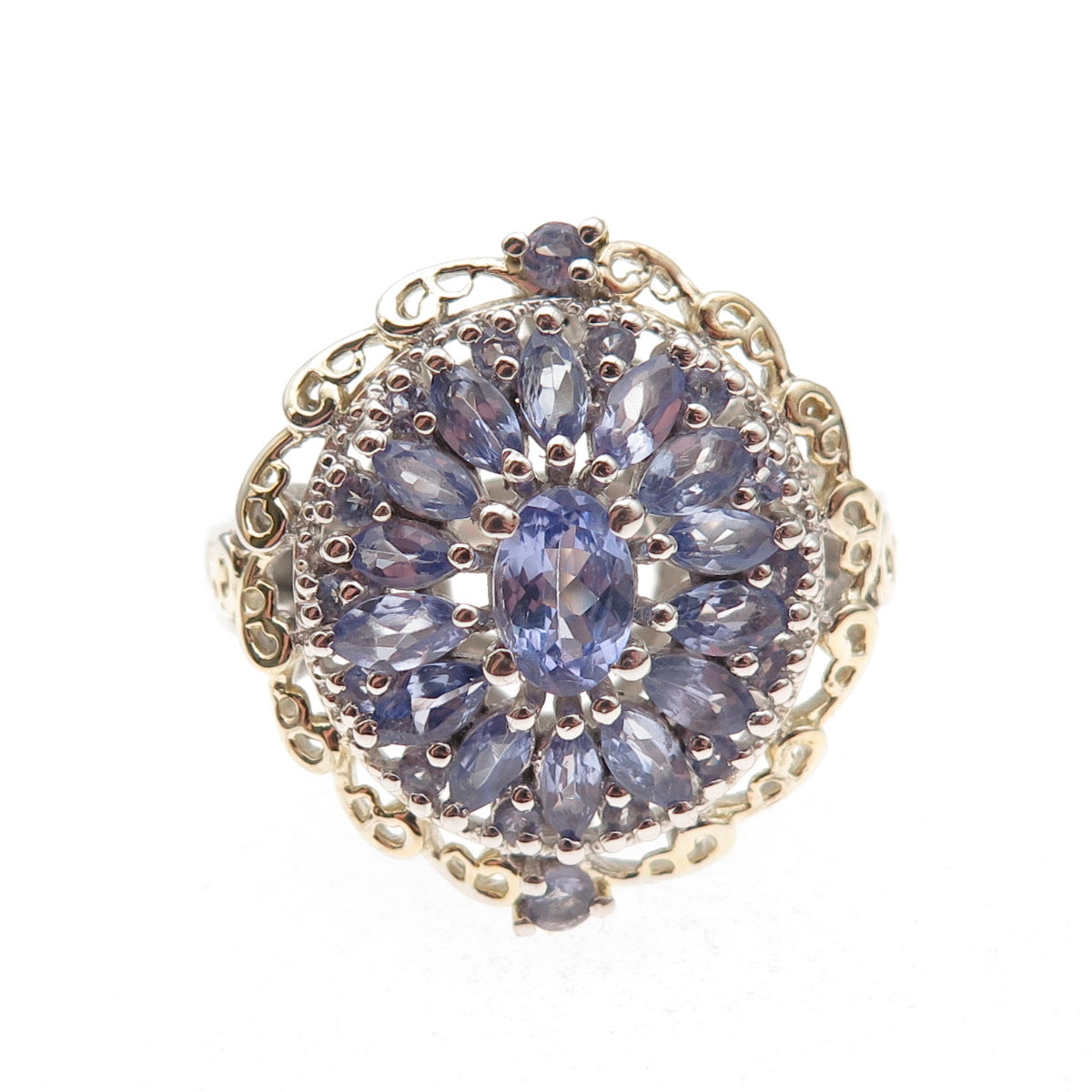 Chuck Clemency 925 Sterling Silver 2-Tone Real Tanzanite Floral Ring Size 8.25