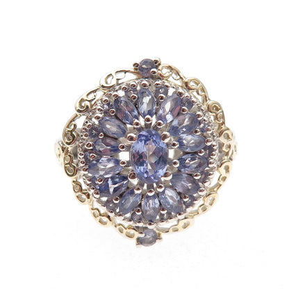 Chuck Clemency 925 Sterling Silver 2-Tone Real Tanzanite Floral Ring Size 8.25