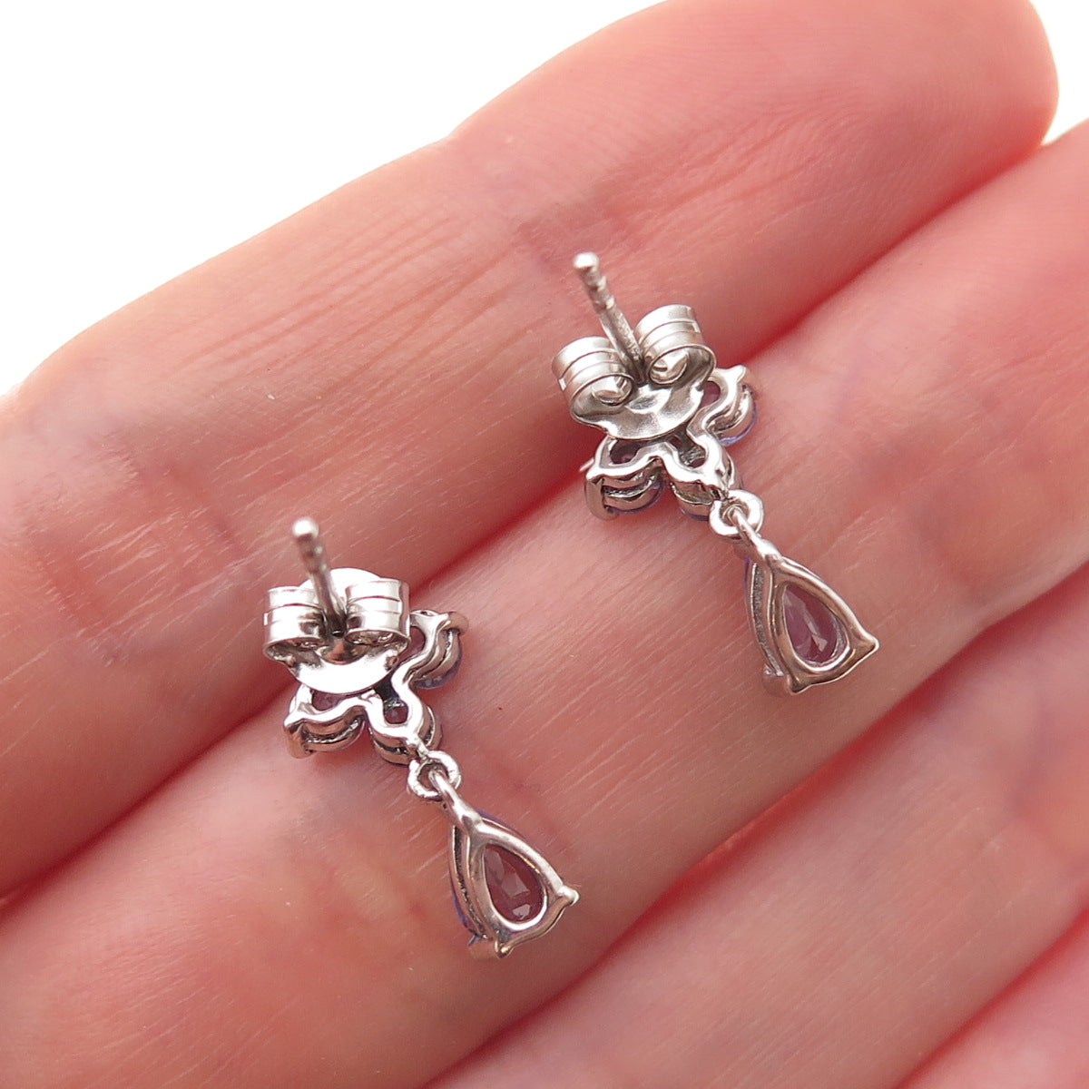 Chuck Clemency Sterling Silver Real Round & Pear-Cut Tanzanite Dangle Earrings