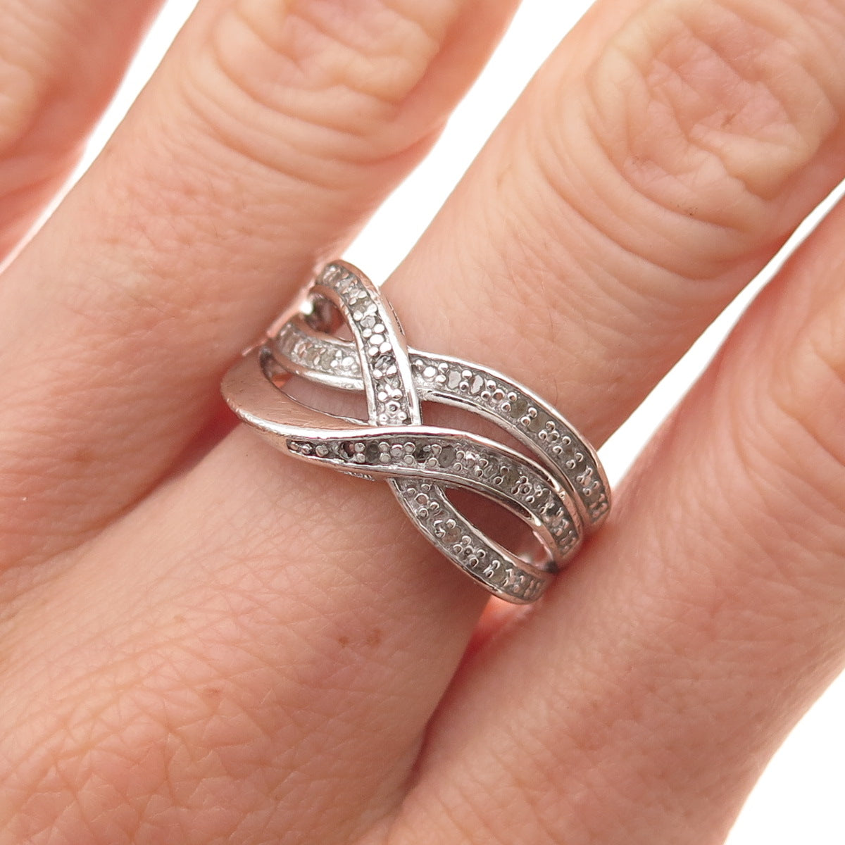 Dee Berkle 925 Sterling Silver Real Round-Cut Diamond Crisscross Ring Size 8.25