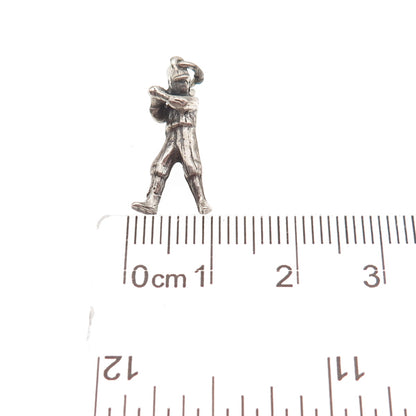 925 Sterling Silver Vintage Baseball Player Oxidized 3D Mini Charm Pendant