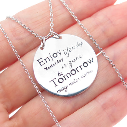 HAN 925 Sterling Silver Enjoy Life Today Round Tag Cable Chain Necklace 18"