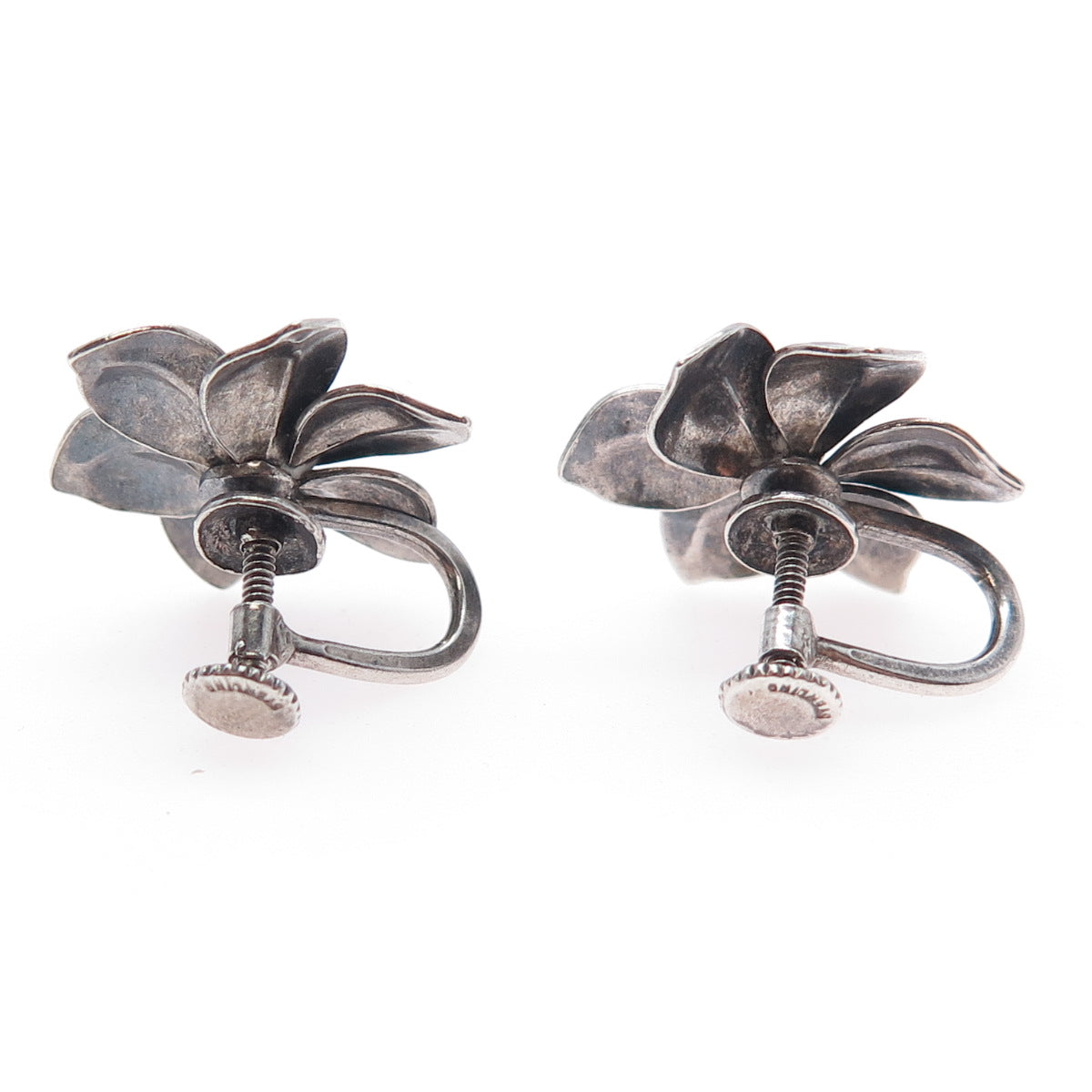 925 Sterling Silver Antique Art Deco Flower Oxidized Screw Back Earrings