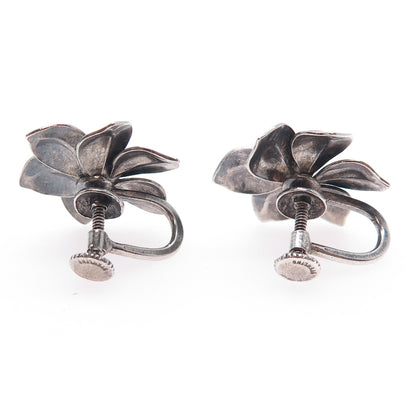 925 Sterling Silver Antique Art Deco Flower Oxidized Screw Back Earrings