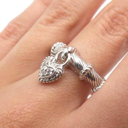 JUDITH RIPKA 925 Sterling Silver Round-Cut C Z Heart Dangle Charm Ring Size 11