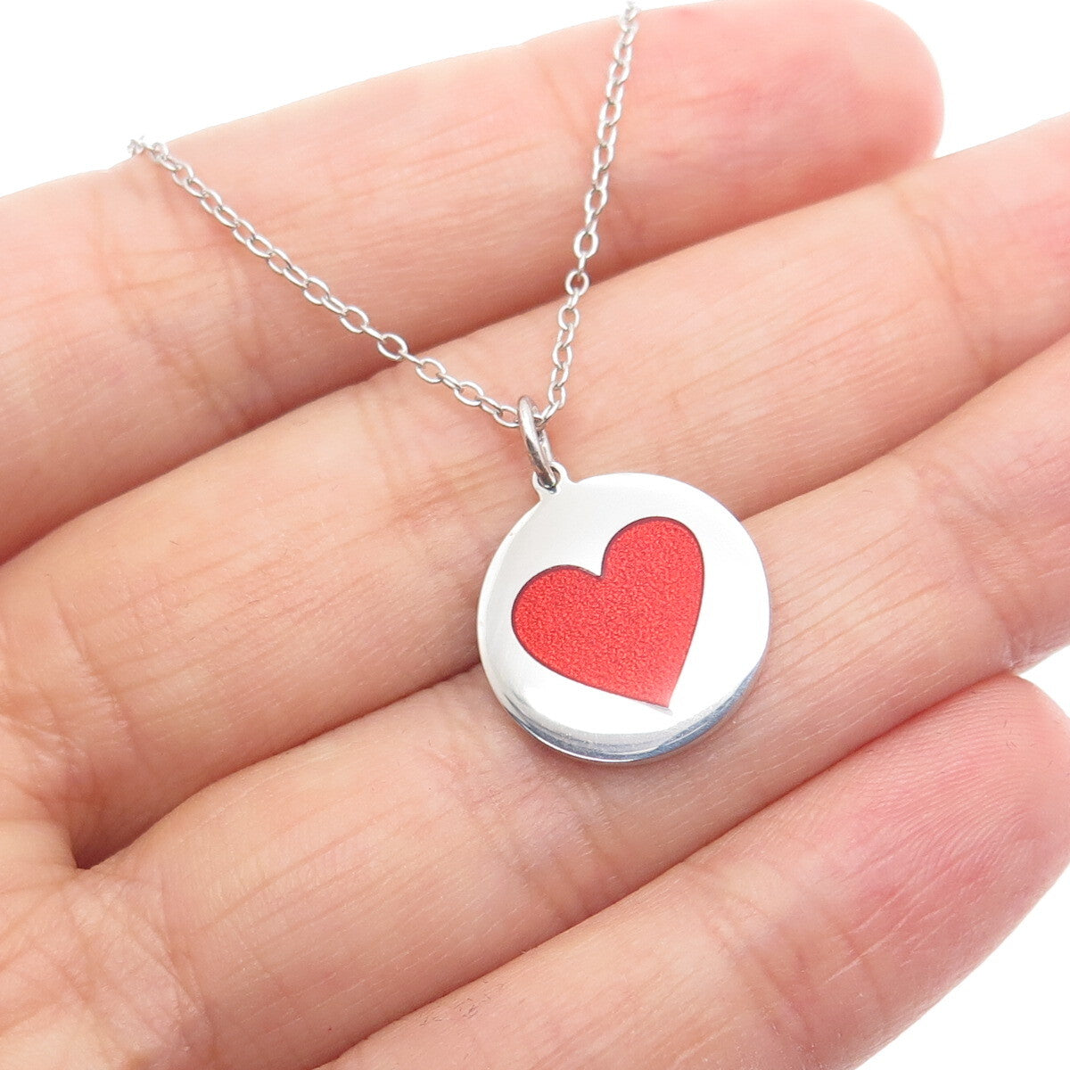 TOKEMOTI 925 Sterling Silver Red Enamel Heart Cable Chain Necklace 18"