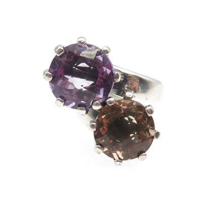 925 Sterling Silver Vintage Real Smoky Quartz & Amethyst Bypass Ring Size 5.75