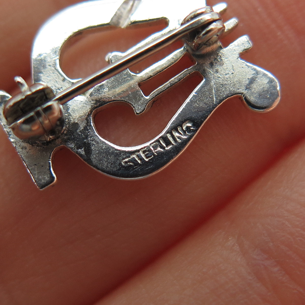 925 Sterling Silver Vintage Harp Music Instrument Mini Pin Brooch