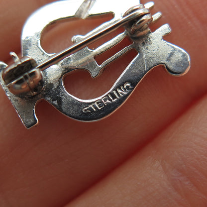 925 Sterling Silver Vintage Harp Music Instrument Mini Pin Brooch