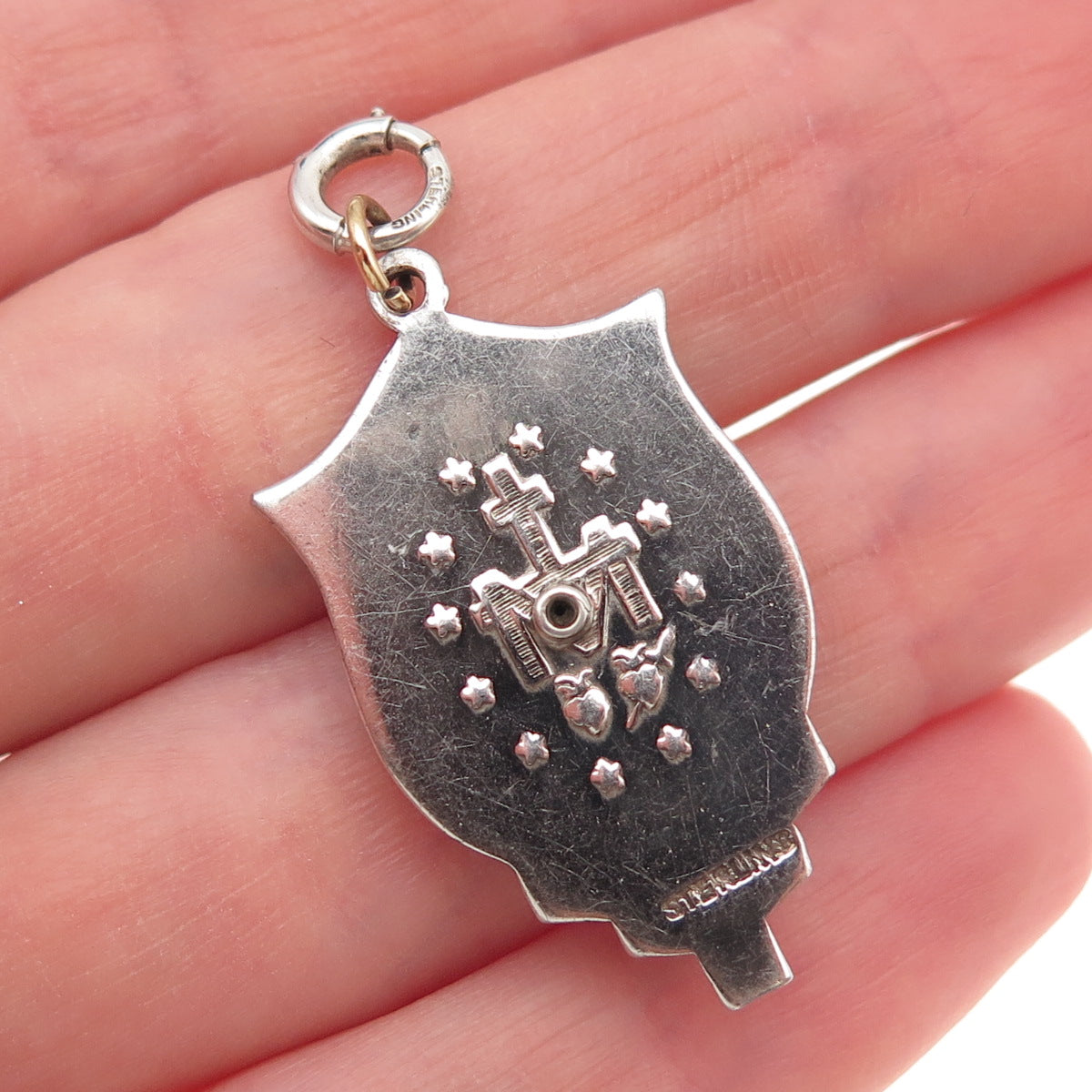 925 Sterling Antique Art Deco Real MOP & Marcasite St. Mary Spring Ring Pendant