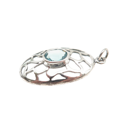 925 Sterling Silver Vintage Real Oval-Cut Blue Topaz Ornate Charm Pendant