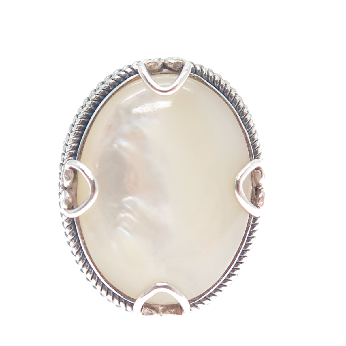 925 Sterling Silver Vintage Real Mother-of-Pearl Hearts Roped Ring Size 5.25