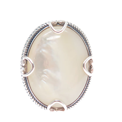 925 Sterling Silver Vintage Real Mother-of-Pearl Hearts Roped Ring Size 5.25