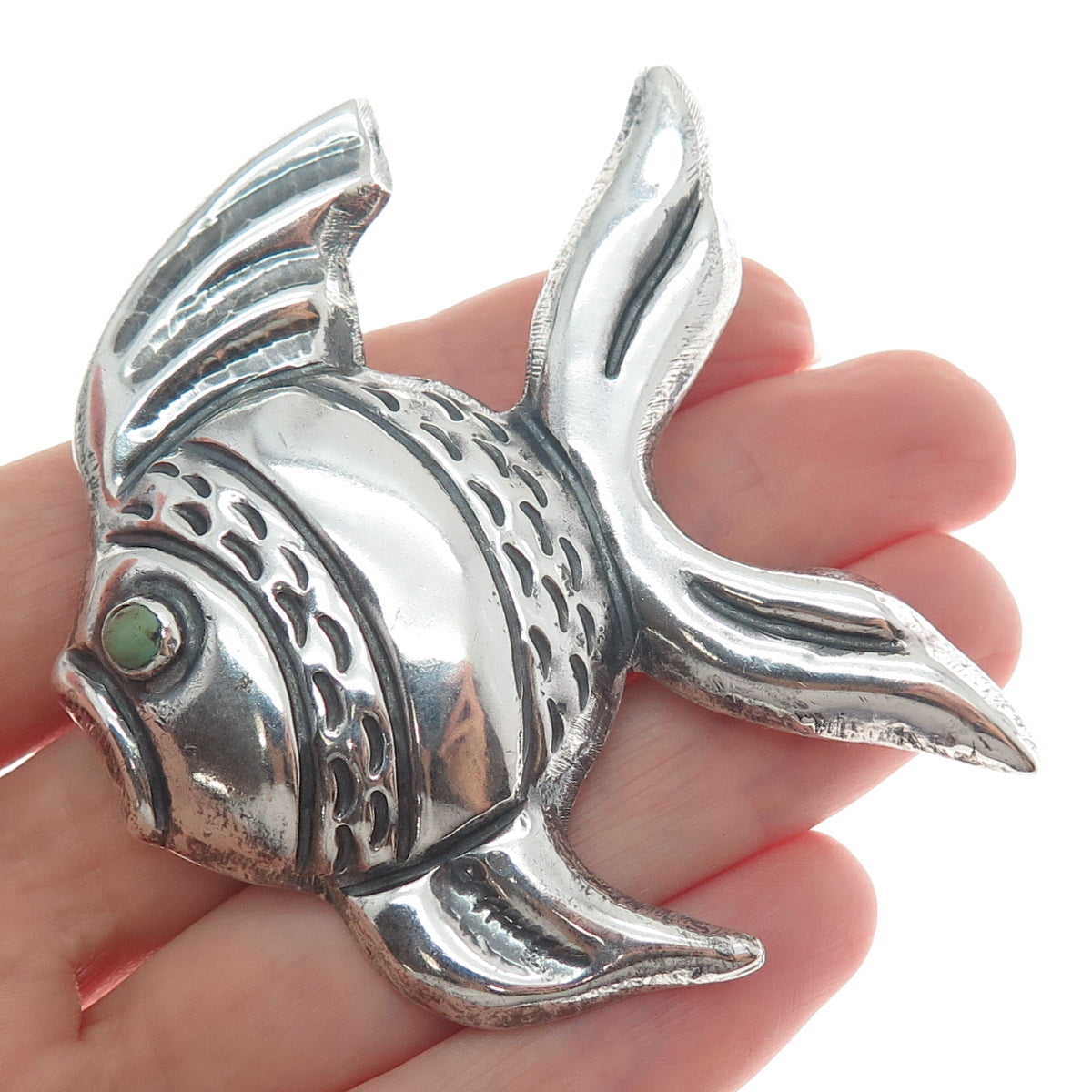 925 Sterling Silver Vintage Mexico Real Turquoise Fish Oxidized Pin Brooch