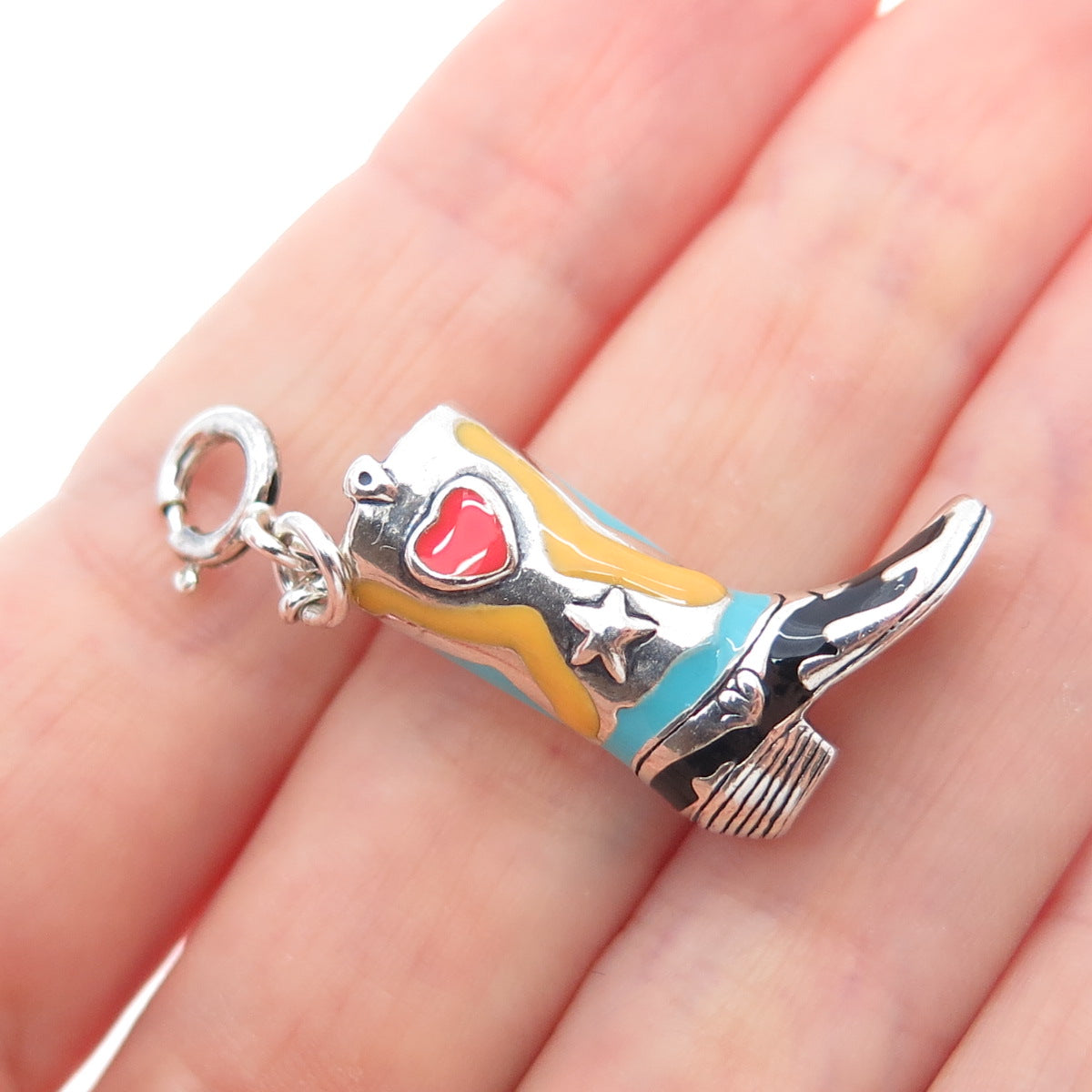 CAROLYN POLLACK 925 Sterling Vintage Enamel Cowboy Shoe Spring Ring Lock Pendant