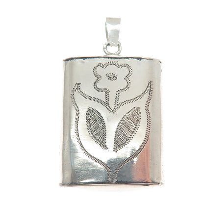 925 Sterling Silver Antique Art Deco Engraved Satin Flower Pendant