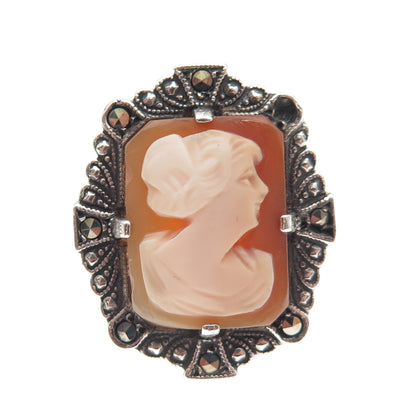 925 Sterling Antique MOP & Marcasite Lady Cameo Ring Size 5.25 (missing stone)
