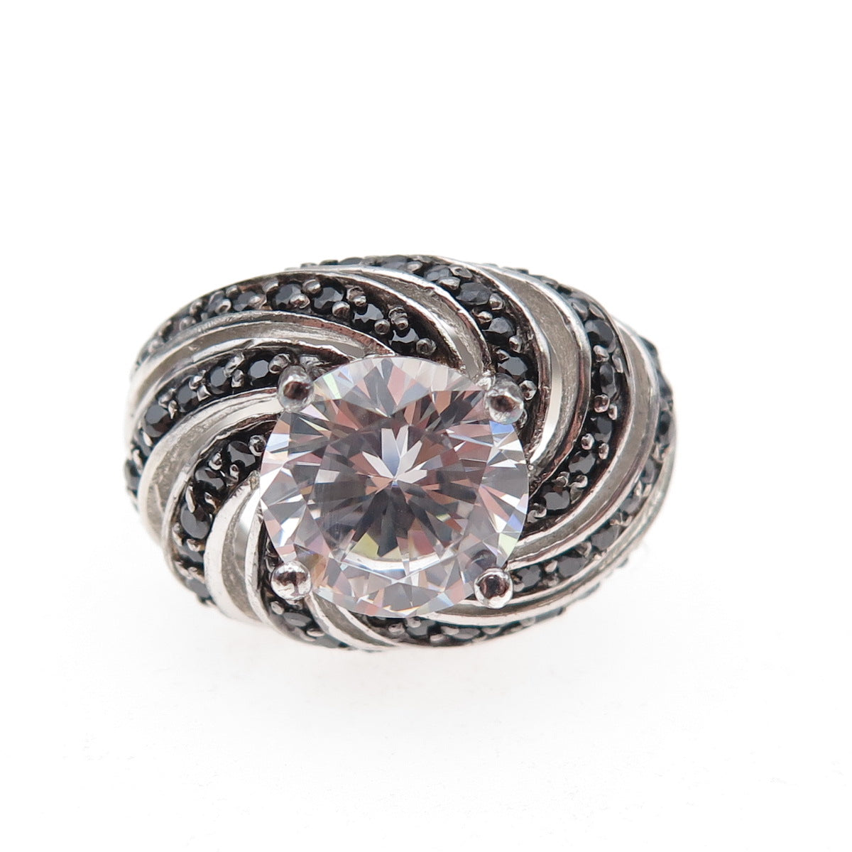 925 Sterling Silver Real Round-Cut Black Spinel & C Z Ring Size 6