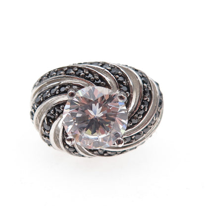 925 Sterling Silver Real Round-Cut Black Spinel & C Z Ring Size 6