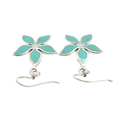 925 Sterling Silver Vintage Real Turquoise Flower Dangle Earrings