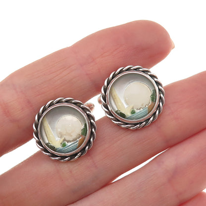 Vincent Simone 925 Sterling Silver Vintage Enamel Landscape Cufflinks