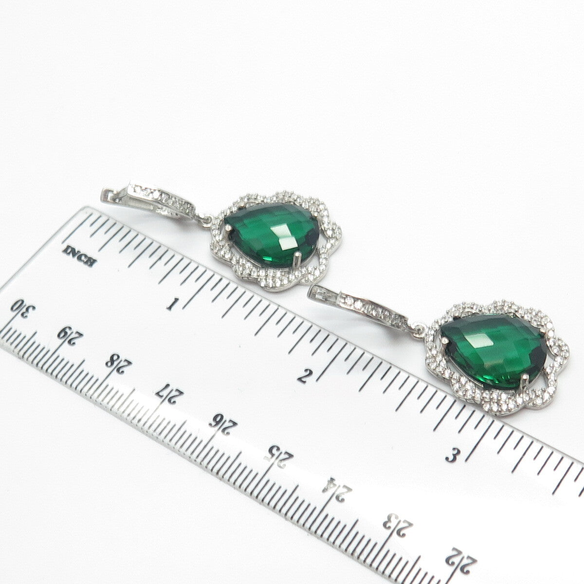 925 Sterling Silver White & Green C Z Dangling Earrings