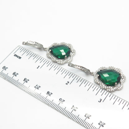 925 Sterling Silver White & Green C Z Dangling Earrings