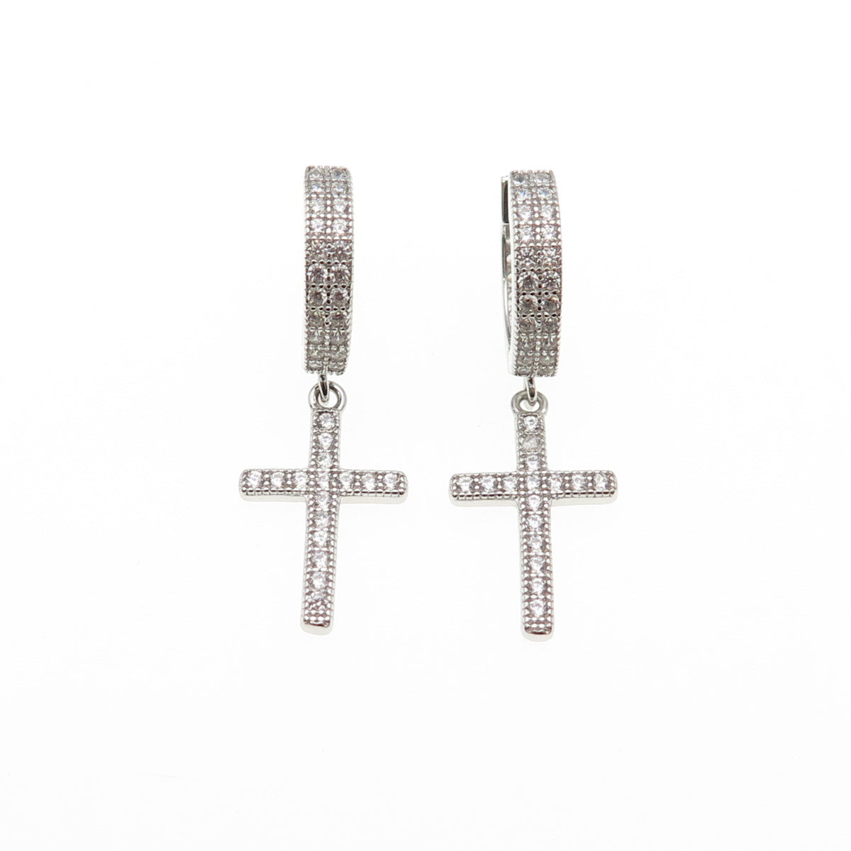 925 Sterling Silver Round-Cut C Z Cross Dangle Hoop Earrings