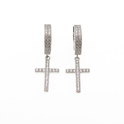 925 Sterling Silver Round-Cut C Z Cross Dangle Hoop Earrings