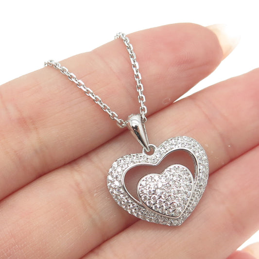 925 Sterling Silver Italy Round-Cut C Z Heart Chain Necklace 16"
