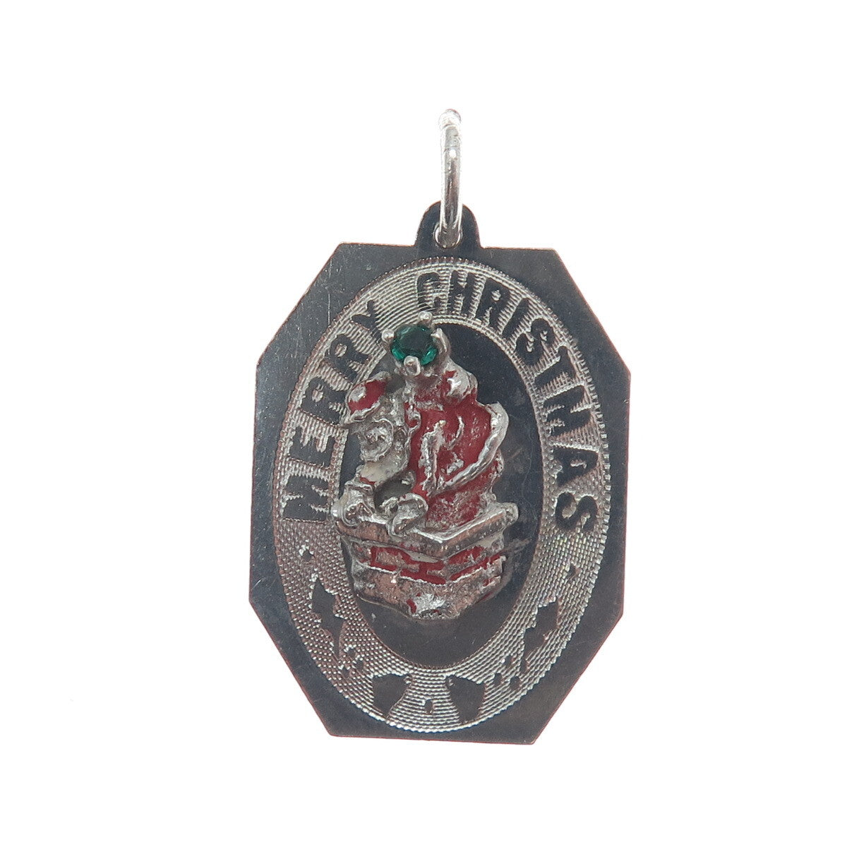 925 Sterling Silver Vintage Enamel & Rhinestone Merry Christmas Charm Pendant