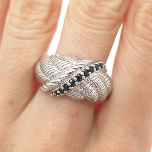 JUDITH RIPKA 925 Sterling Silver Real Round-Cut Sapphire Roped Ring Size 10.25
