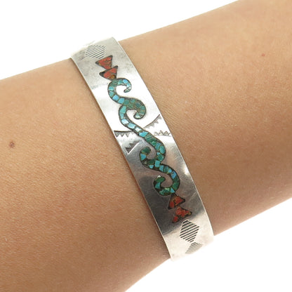 GIBSON GENE NAVAJO Old Pawn Sterling Turquoise & Coral Inlay Cuff Bracelet 6.75"
