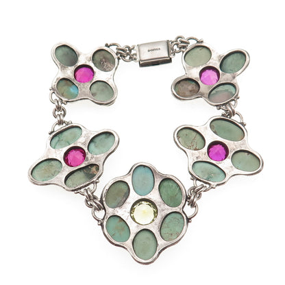 925 Sterling Antique Real Turquoise & Lab-Created Multi-Sapphire Bracelet 6.75"