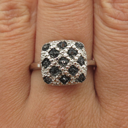 925 Sterling Silver Real Round-Cut Black Diamond Lattice Pattern Ring Size 10