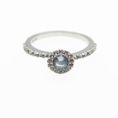925 Sterling Silver Real Round-Cut Aquamarine & White Topaz Ring Size 6.25