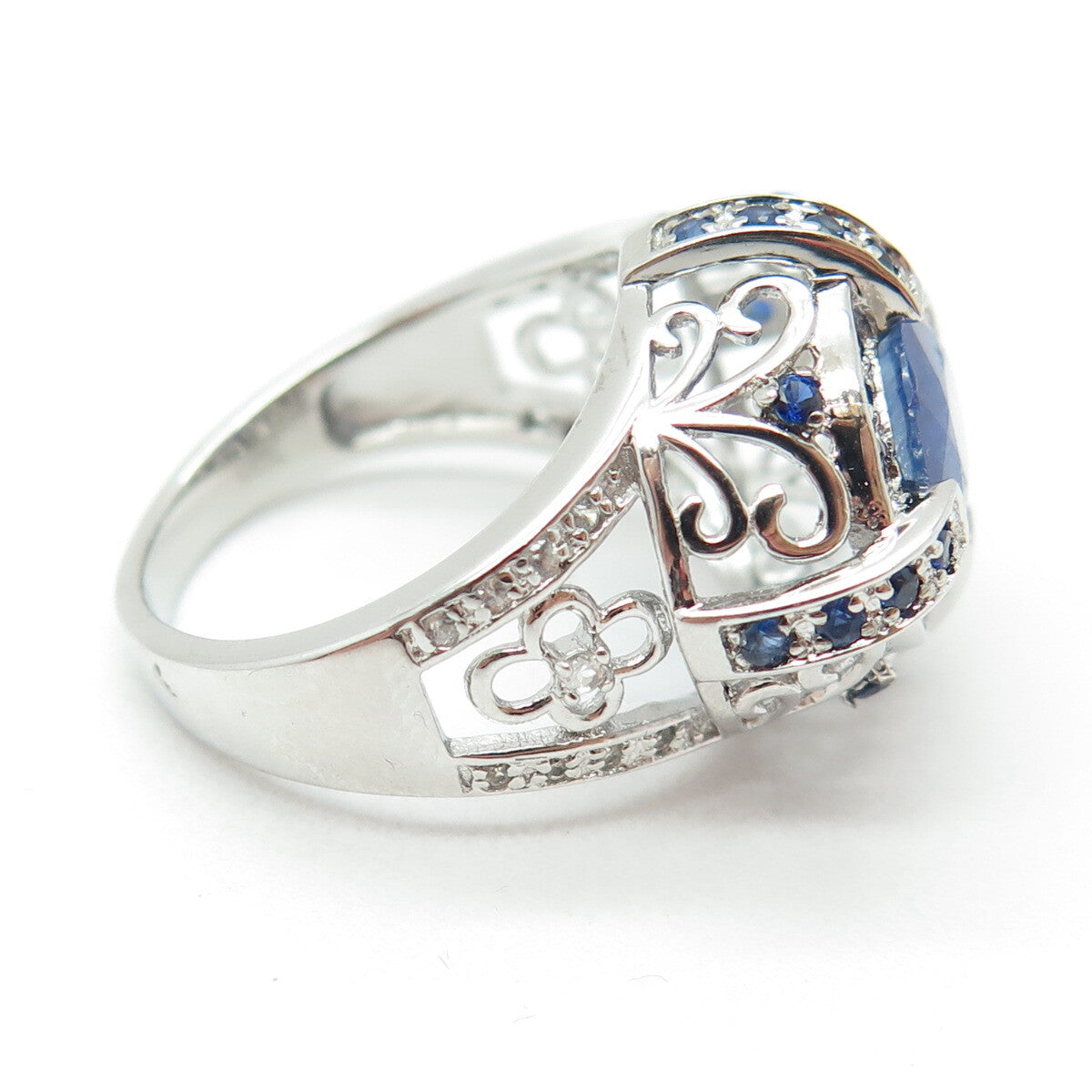 DSMK 925 Sterling Silver Sapphire & White Topaz Gem Ornate Dome Ring Size 7.25