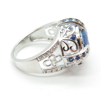DSMK 925 Sterling Silver Sapphire & White Topaz Gem Ornate Dome Ring Size 7.25