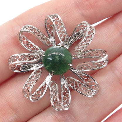SORRENTO 925 Sterling Silver Vintage Real Jade Filigree Flower Pin Brooch