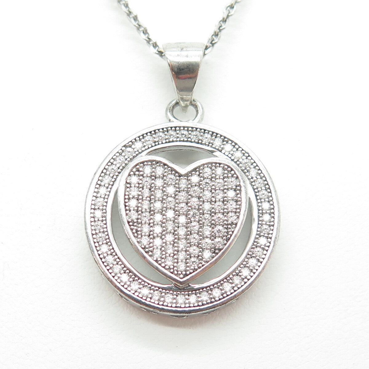 925 Sterling Silver Italy Round-Cut C Z Circle of Life Heart Chain Necklace 16"