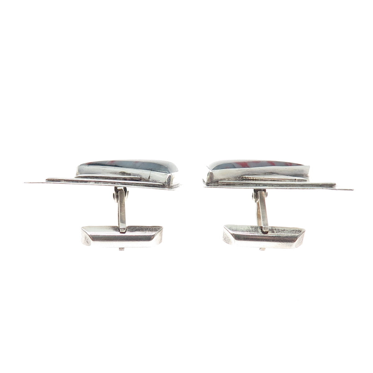 925 Sterling Silver Vintage Real Bloodstone Modernist Oxidized Cufflinks