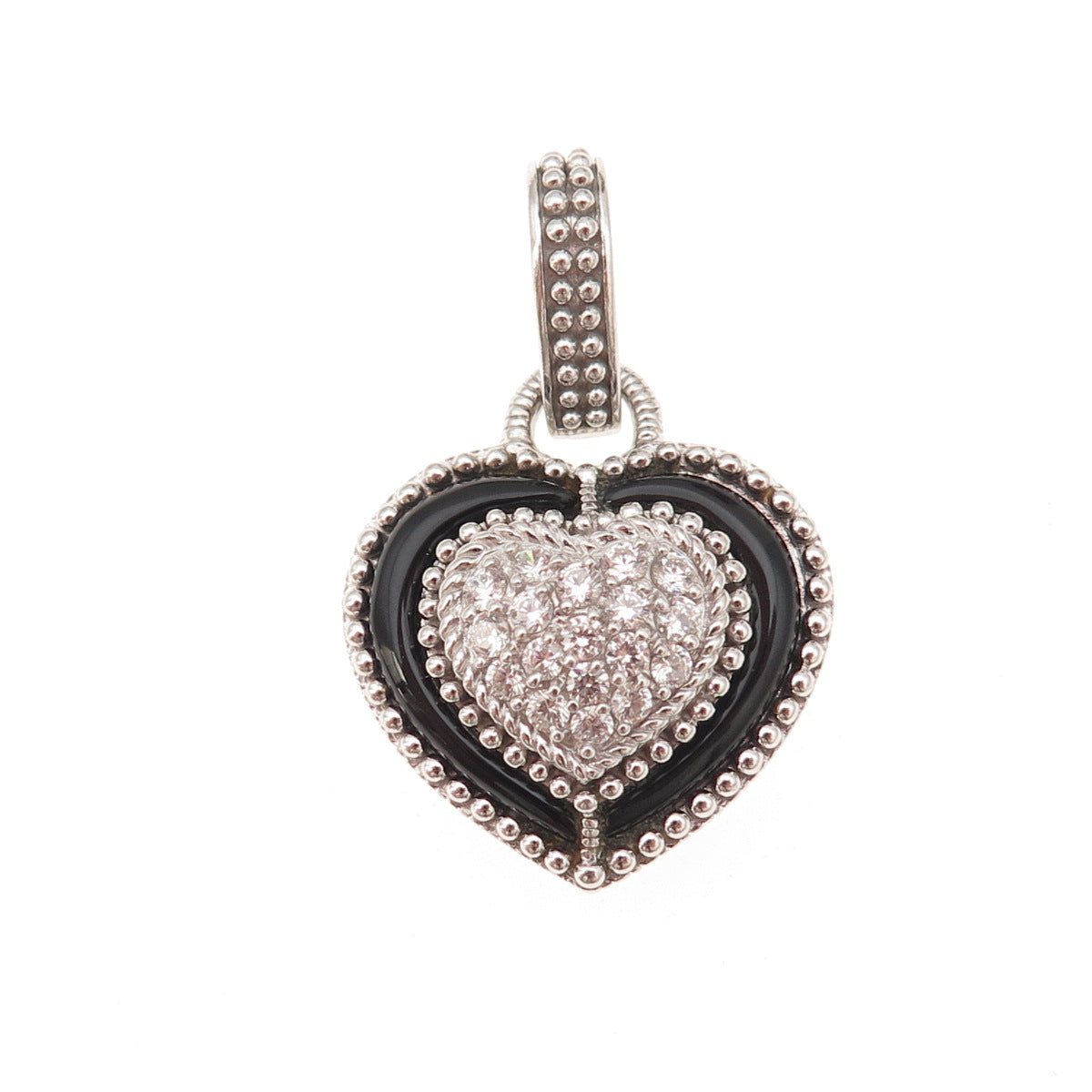 Judith Ripka 925 Sterling Silver Real Black Onyx & C Z Heart Charm Pendant
