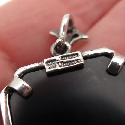 925 Sterling Silver Vintage Real Diamond & Black Onyx Floral Oxidized Pendant