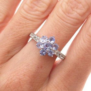 925 Sterling Silver Real Tanzanite & White Topaz Floral Ring Size 7.25